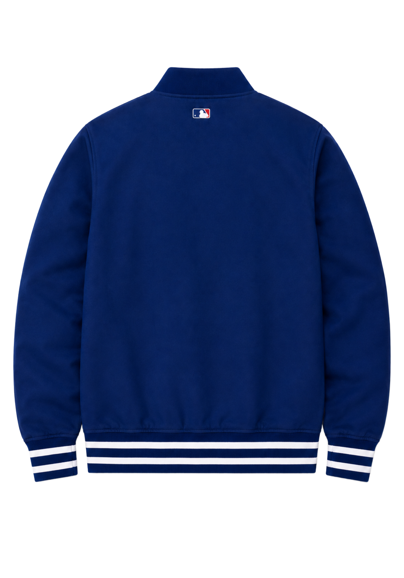 Royal blue and white Dodgers-inspired bomber jacket with striped ribbed cuffs, waistband, raised collar, and baseball patch