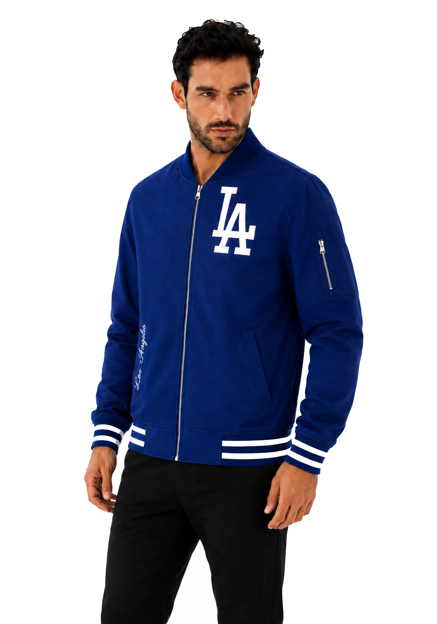 Royal blue and white Dodgers-inspired bomber jacket with striped ribbed cuffs, waistband, raised collar, and baseball patch