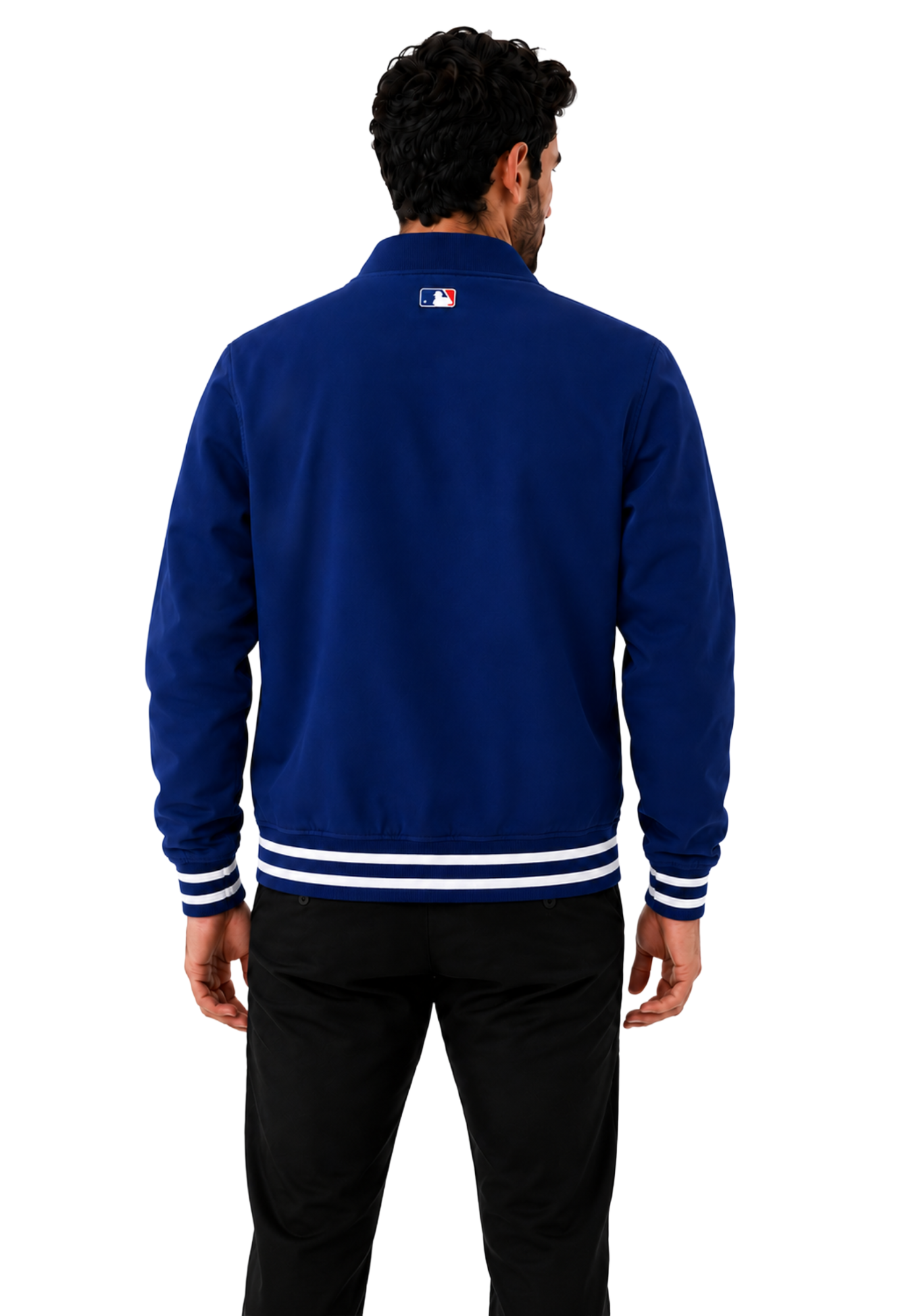 Royal blue and white Dodgers-inspired bomber jacket with striped ribbed cuffs, waistband, raised collar, and baseball patch