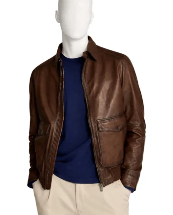 Men's distressed brown leather-style jacket with front zipper, shirt collar, flap pockets, long sleeves, and ribbed cuffs and waistband