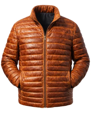 Distressed brown leather-style puffer jacket shown front, back, and side with horizontal quilting, stand collar, long sleeves, and front zipper