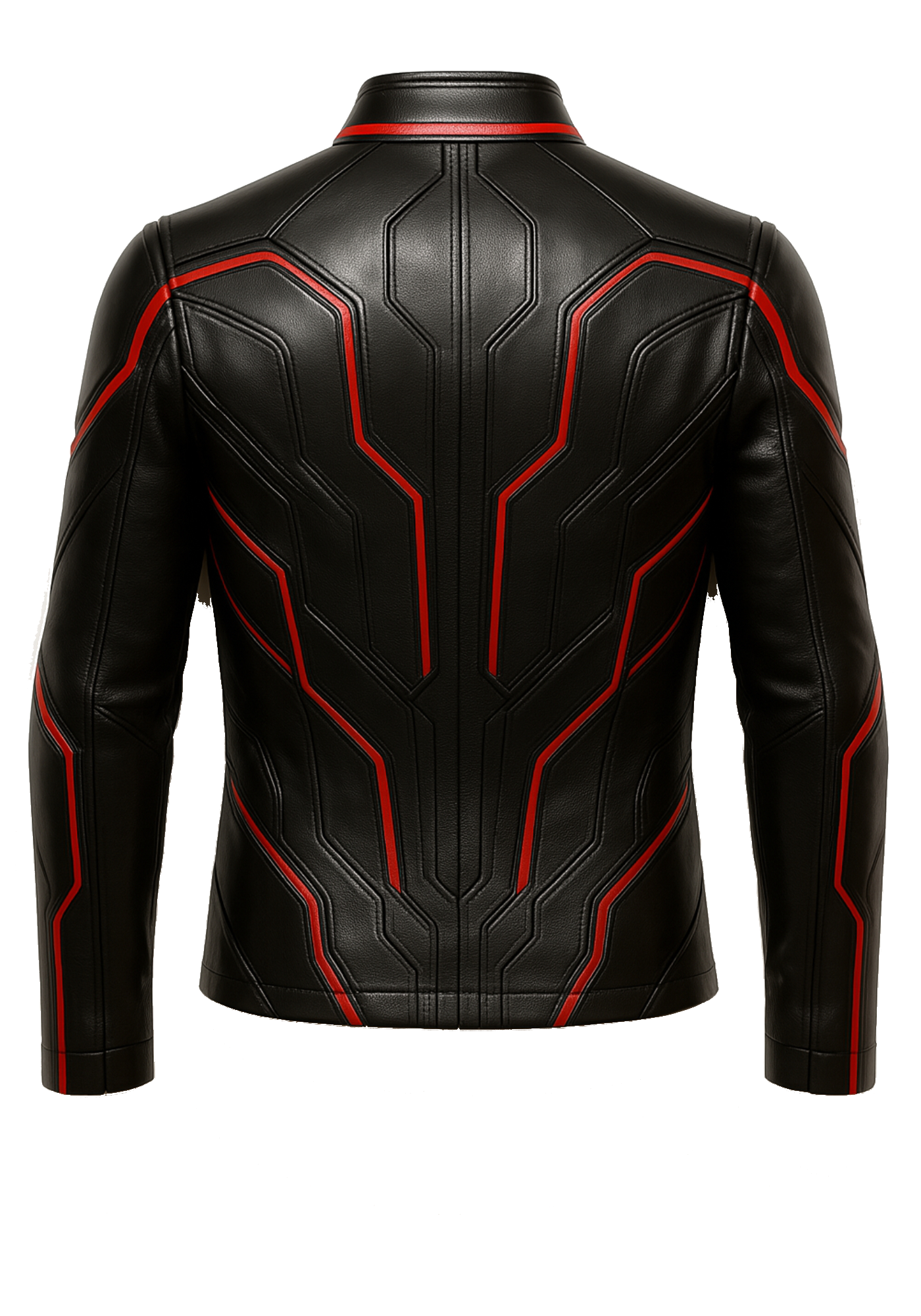 Black and red futuristic cosplay jacket with angular panel lines, red piping, stand collar, long sleeves, and a structured overall shape