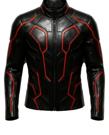 Black and red futuristic cosplay jacket with angular panel lines, red piping, stand collar, long sleeves, and a structured overall shape
