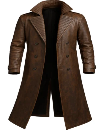 Brown Gambit-inspired long coat with wide collar, stitched panels, waist belt, long sleeves, and cuff straps for Deadpool & Wolverine cosplay.