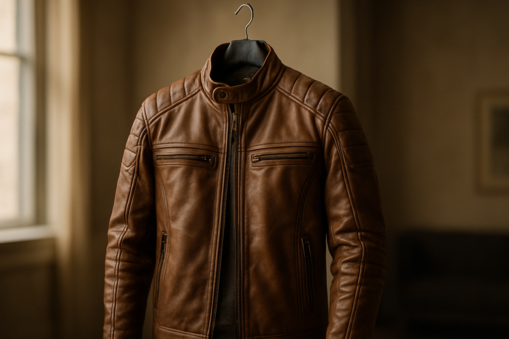 Game-inspired brown leather jacket with quilted panels and stand collar on a padded hanger in a softly lit room.