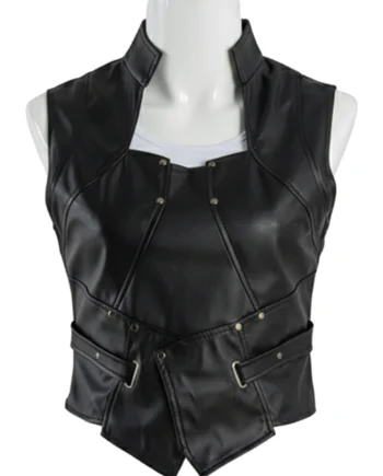 Brown and black Gamora-inspired long coat and black vest with raised collar, contrasting panels, segmented sleeves, waist straps, and layered detailing.