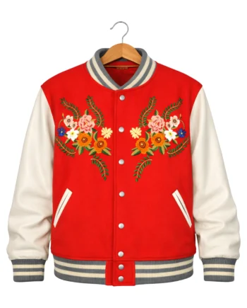 Red and white women's bomber varsity jacket with floral embroidery, striped rib-knit trim, long sleeves, and Gwen-inspired character styling