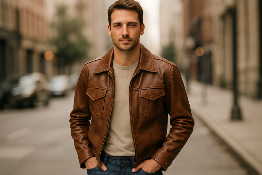 Adult in a movie-inspired leather jacket styled casually with jeans in a city setting