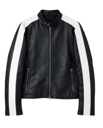 Black and white Jamie Campbell Bower inspired leather-style jacket with stand collar, front zipper, and bold sleeve racing stripes