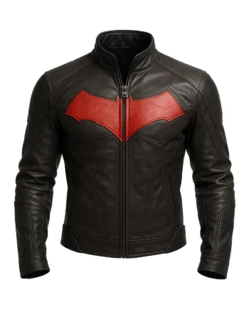 Black Jason Todd Red Hood inspired leather-style jacket with red bat chest panel, raised stand collar, long sleeves, and angular stitched panels