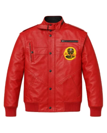 Red Johnny Lawrence inspired jacket with raised collar, black hardware, ribbed cuffs, Cobra Kai chest patch, and structured back panels