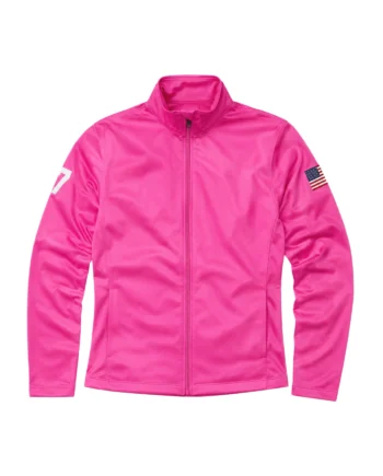 Hot pink Lara Trump inspired parachute jacket with stand collar, center zipper, American flag sleeve patches, and white numbering