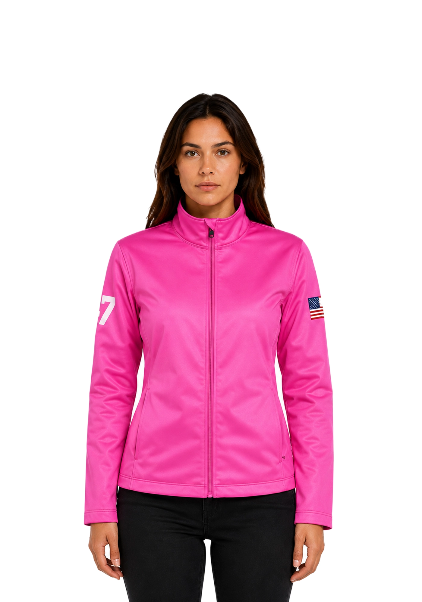 Hot pink Lara Trump inspired parachute jacket with stand collar, center zipper, American flag sleeve patches, and white numbering