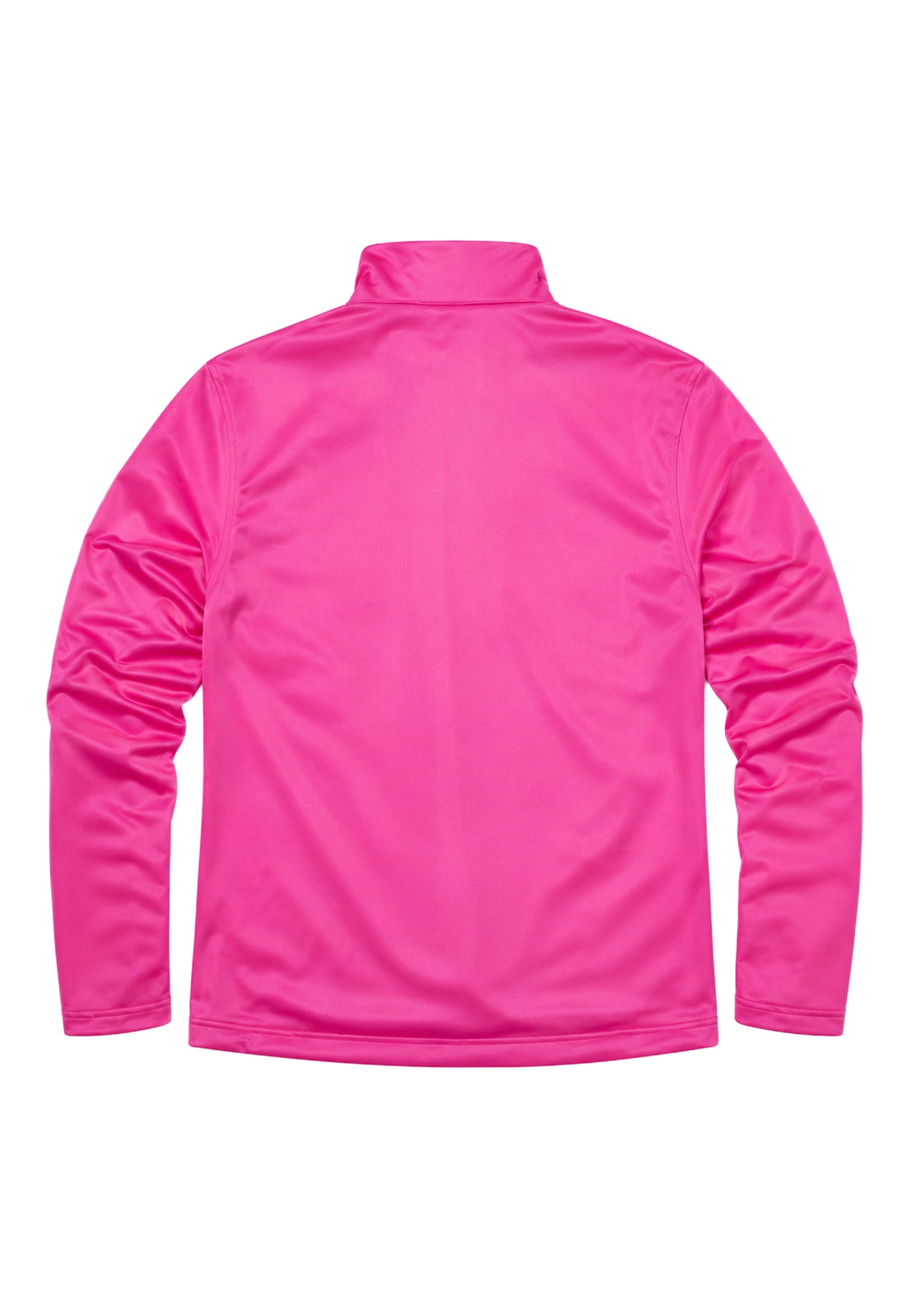 Hot pink Lara Trump inspired parachute jacket with stand collar, center zipper, American flag sleeve patches, and white numbering