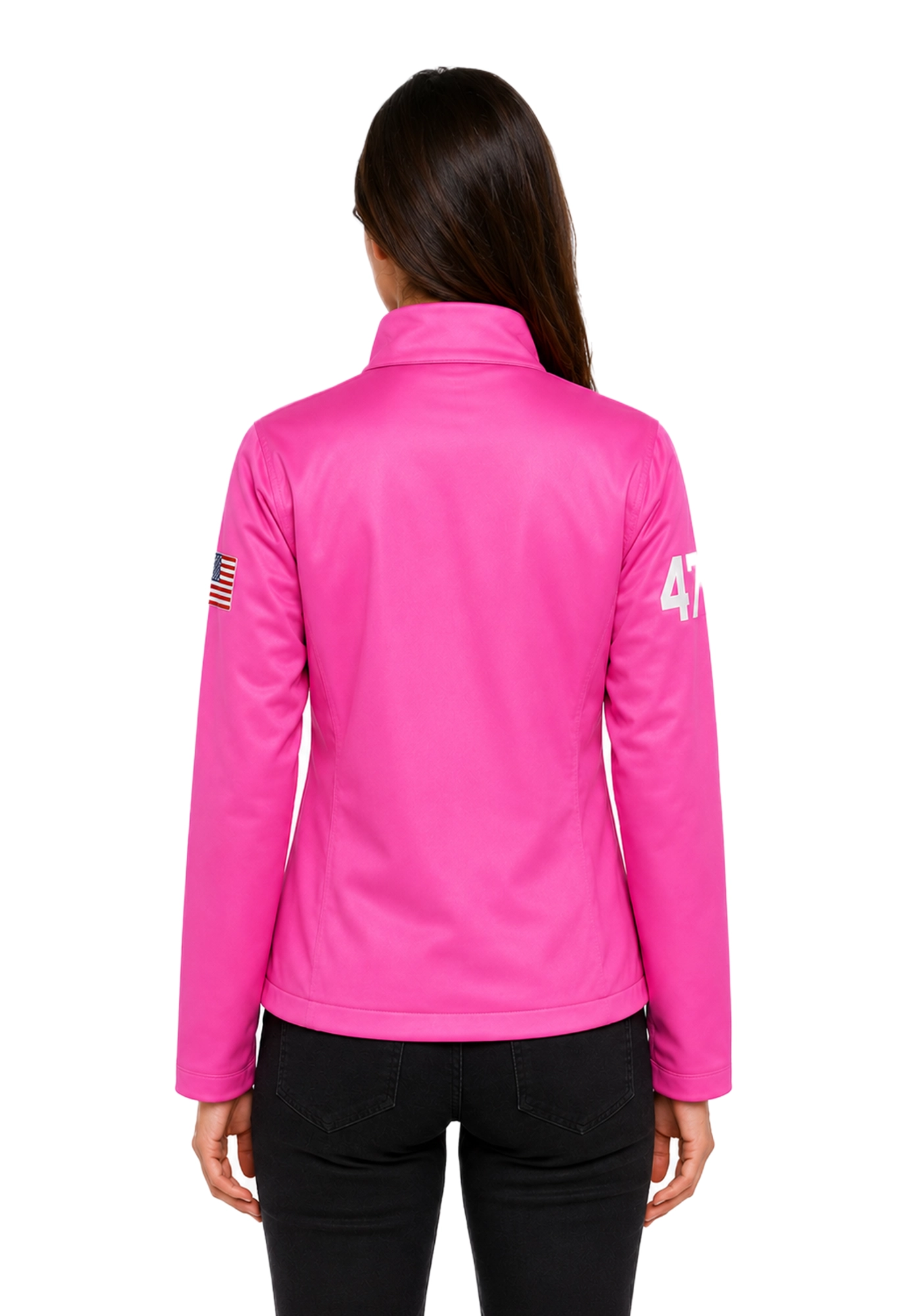 Hot pink Lara Trump inspired parachute jacket with stand collar, center zipper, American flag sleeve patches, and white numbering