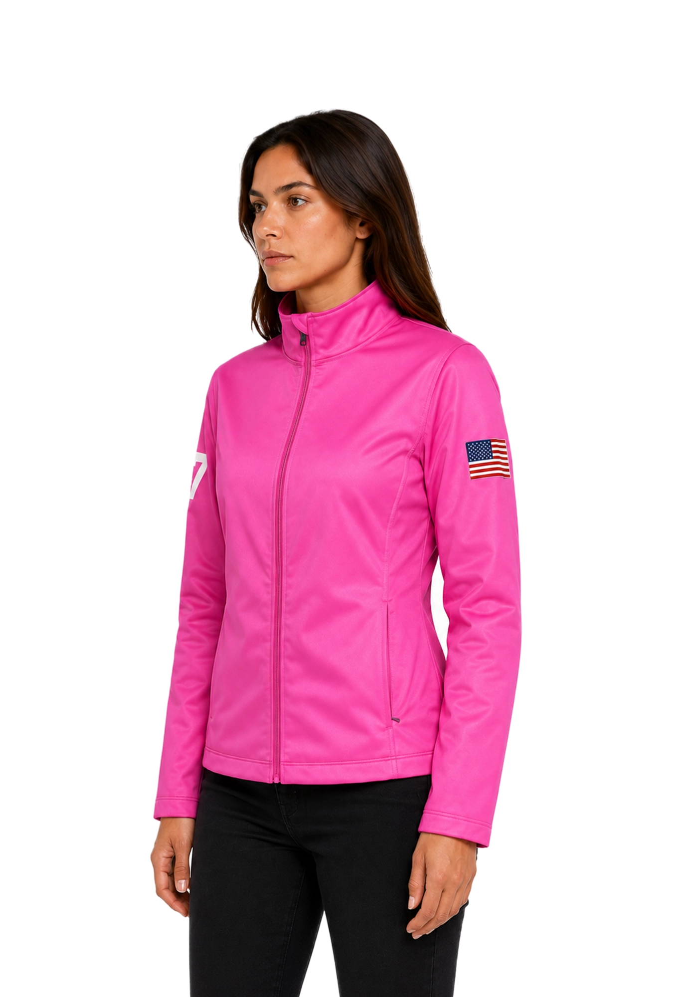 Hot pink Lara Trump inspired parachute jacket with stand collar, center zipper, American flag sleeve patches, and white numbering