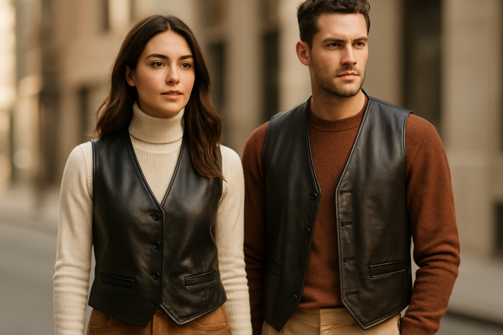 A man and woman wearing classic leather vests layered over seasonal outfits in an urban setting