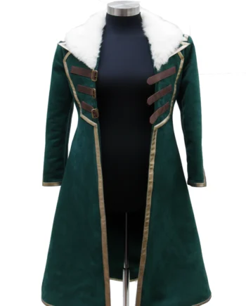 Deep green Loki-inspired long coat with white fur collar, gold trim, belted waist, quilted upper panel, and long flared shape