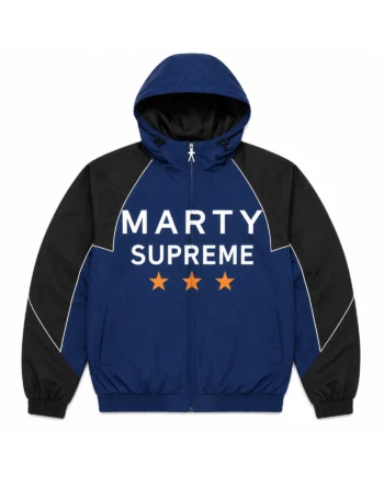 Navy and black hooded Marty Supreme inspired jacket with white piping, front lettering, orange stars, and a gathered hem
