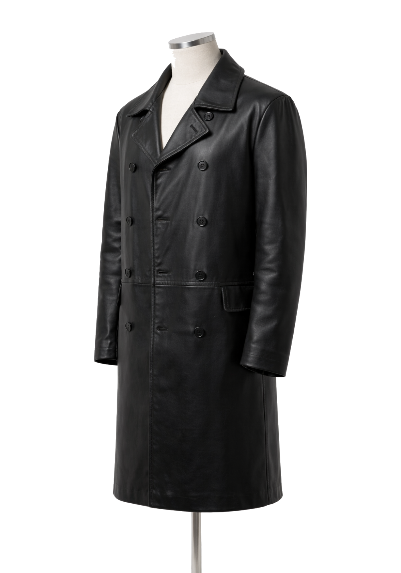Black Max Payne 1 inspired long coat with broad lapels, double-breasted buttons, flap pockets, long sleeves, and structured back seams