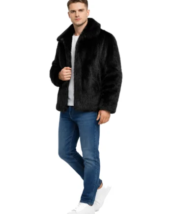 Men's black faux fur winter jacket shown front, back, and side views with a broad fur collar, long sleeves, open front, and short hem