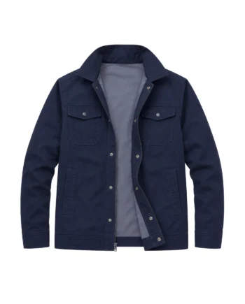 Navy blue men's cotton jacket shown front and back with a shirt collar, snap-button placket, chest flap pockets, long sleeves, and stitched panels.