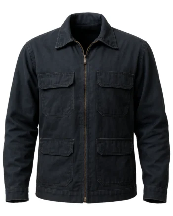 Black Michael Myers inspired jacket with shirt collar, front zipper, flap pockets, long sleeves, and a structured rear yoke.