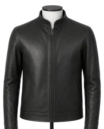 Black Neo-inspired jacket shown from front and back, with a raised stand collar, zip front, textured leather-style finish, and long sleeves