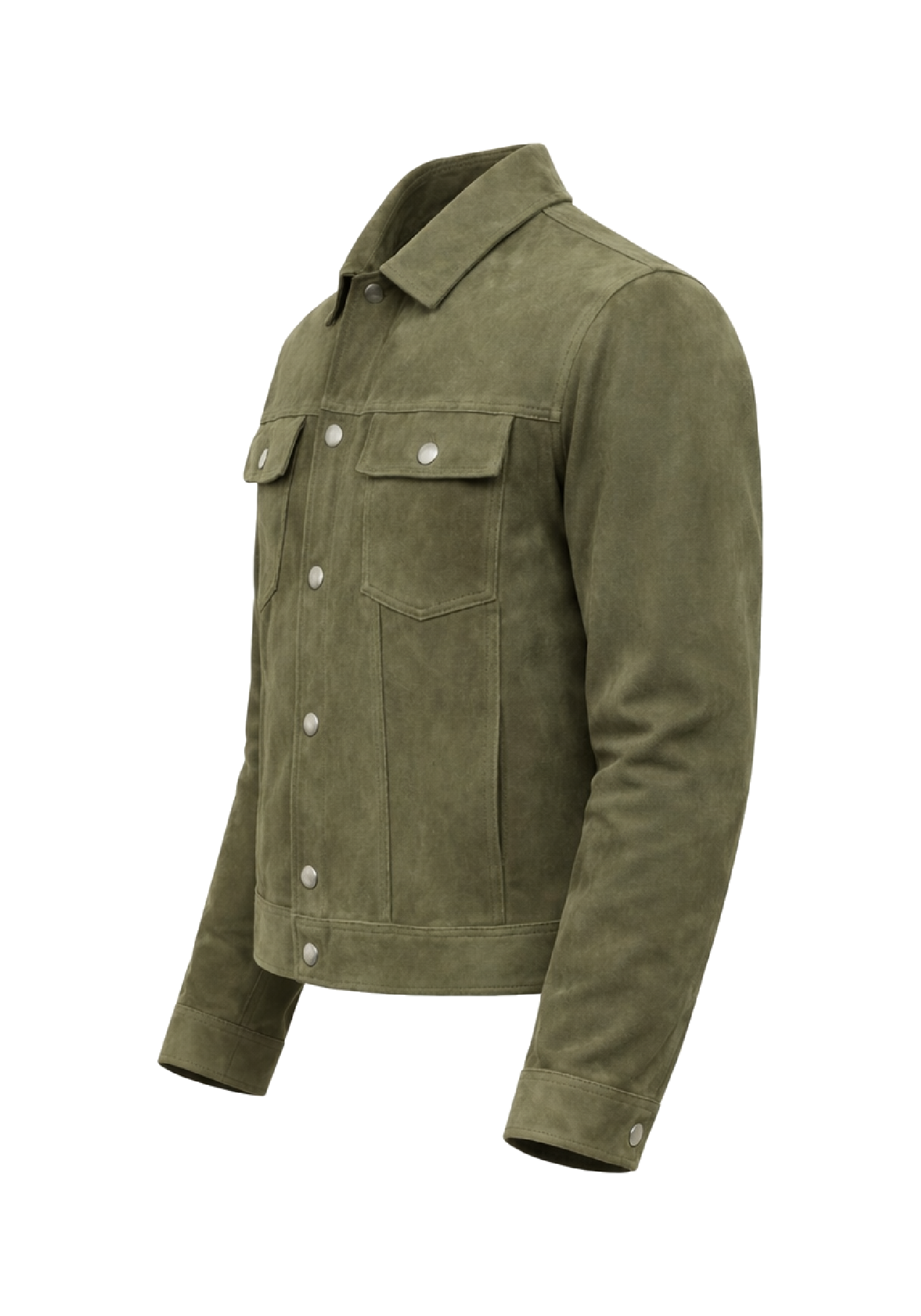 Olive green suede-style jacket with shirt collar, flap chest pockets, snap details, long sleeves, and structured panel stitching inspired by Red Notice