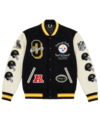 Black Pittsburgh Steelers varsity jacket with cream sleeves, gold striped ribbing, football helmet patches, and bold team lettering on the rear