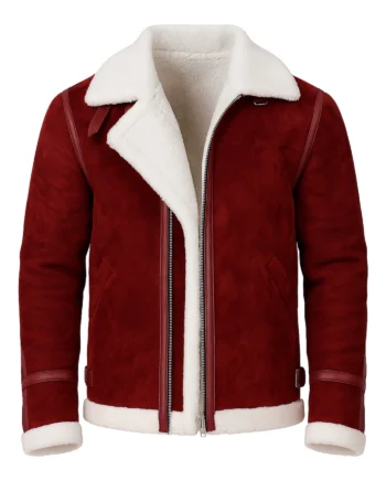 Burgundy Ryan Reynolds inspired Christmas jacket with white shearling collar, cuffs, hem trim, front zipper, angled pockets, and structured back panels
