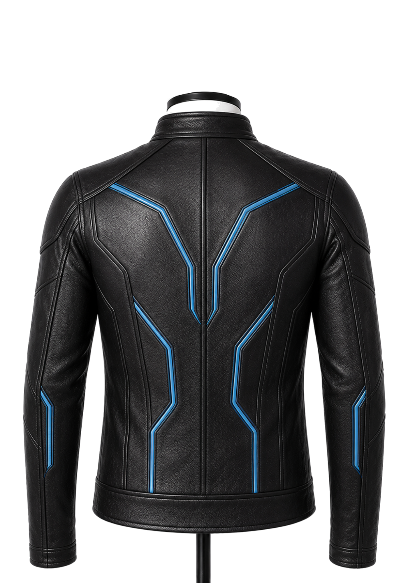 Black and blue Sam Flynn-inspired jacket with raised collar, geometric piping, structured panels, long sleeves, and matching back details