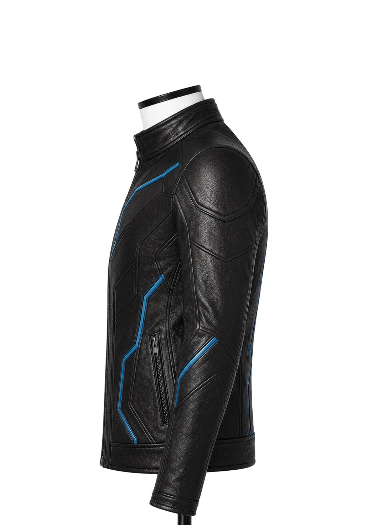 Black and blue Sam Flynn-inspired jacket with raised collar, geometric piping, structured panels, long sleeves, and matching back details