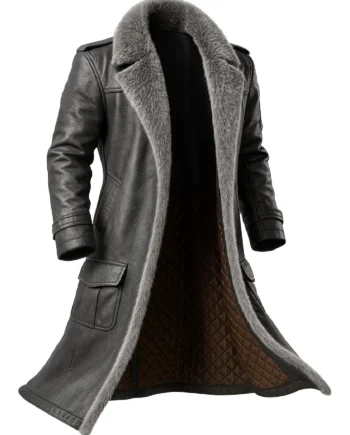 Black long leather-style coat with gray fur collar, long sleeves, flap pockets, panel seams, and extended shape inspired by Tekken 8