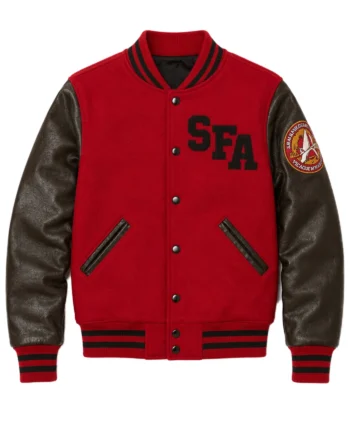 Red and black Starfleet Academy varsity jacket with SFA chest lettering, sleeve patch, striped trim, snap front, and large rear emblem