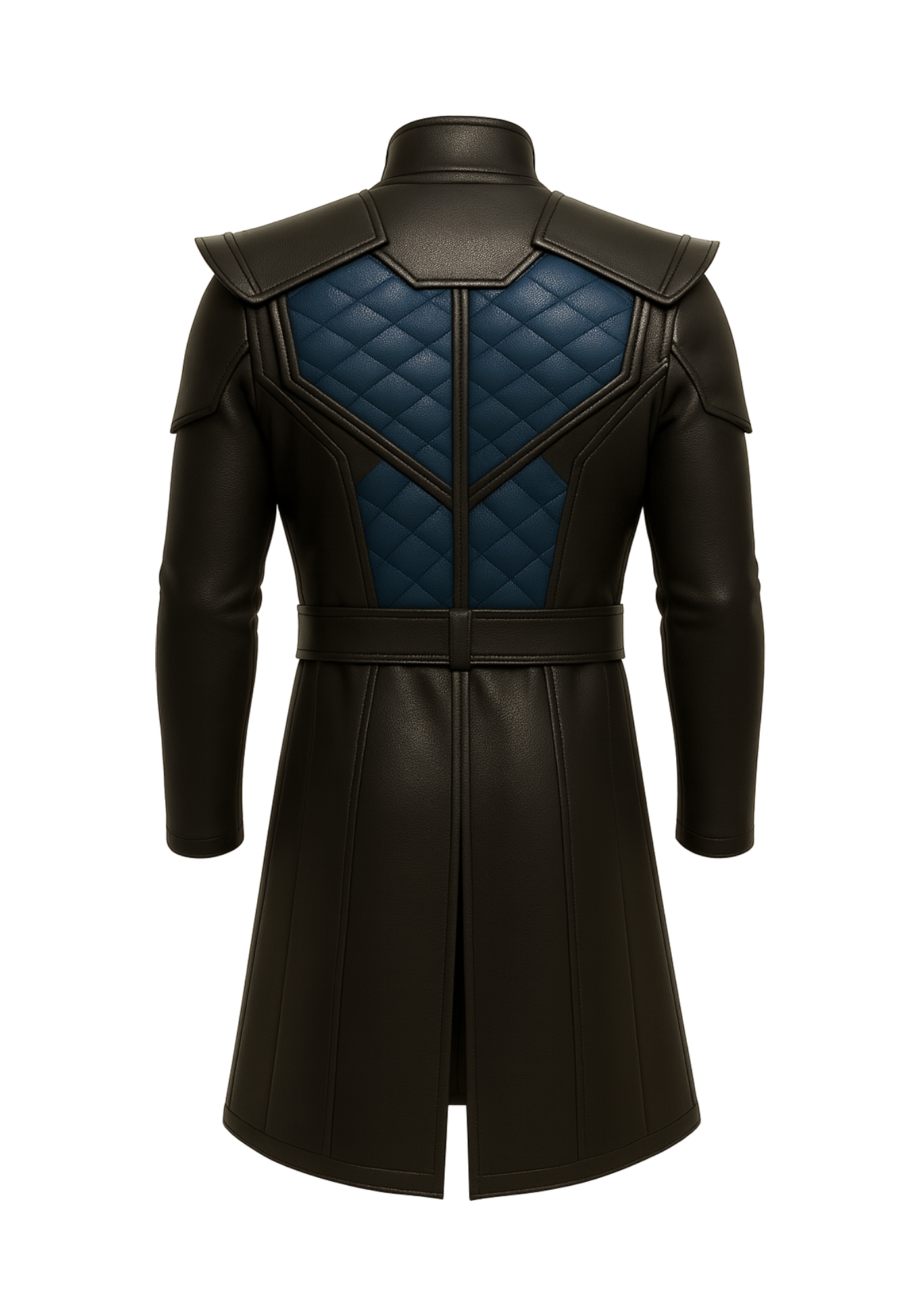 Black and blue Sub-Zero inspired long coat with blue quilted panels, raised stand collar, shoulder overlays, and broad belt