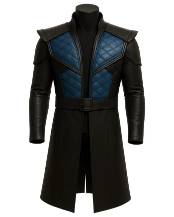 Black and blue Sub-Zero inspired long coat with blue quilted panels, raised stand collar, shoulder overlays, and broad belt