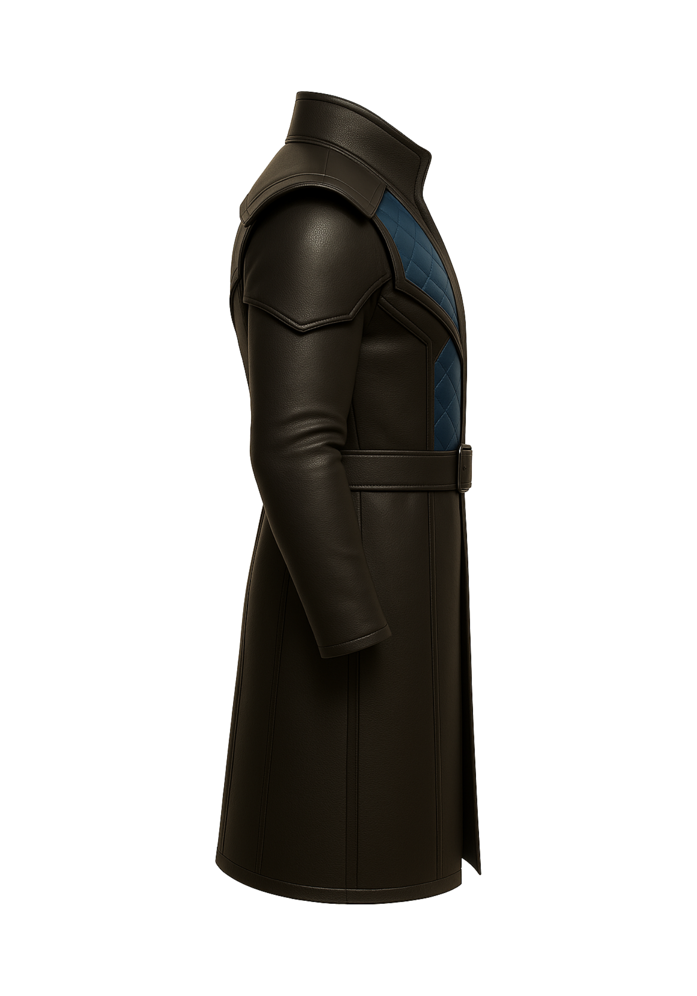 Black and blue Sub-Zero inspired long coat with blue quilted panels, raised stand collar, shoulder overlays, and broad belt