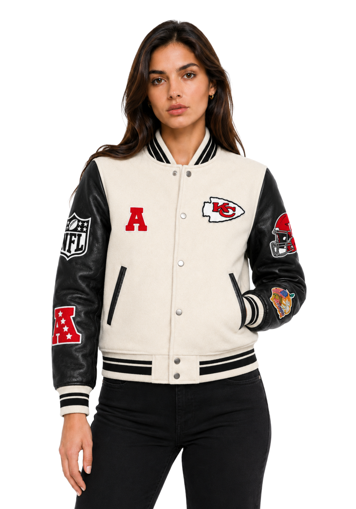 Cream and black Chiefs inspired letterman jacket with striped trim, red patches, front arrowhead emblem, and large back team graphic