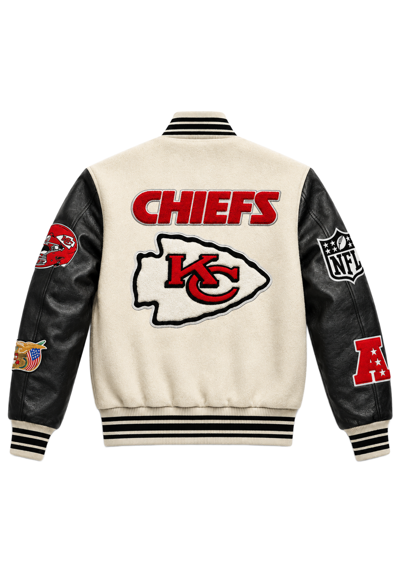 Cream and black Chiefs inspired letterman jacket with striped trim, red patches, front arrowhead emblem, and large back team graphic