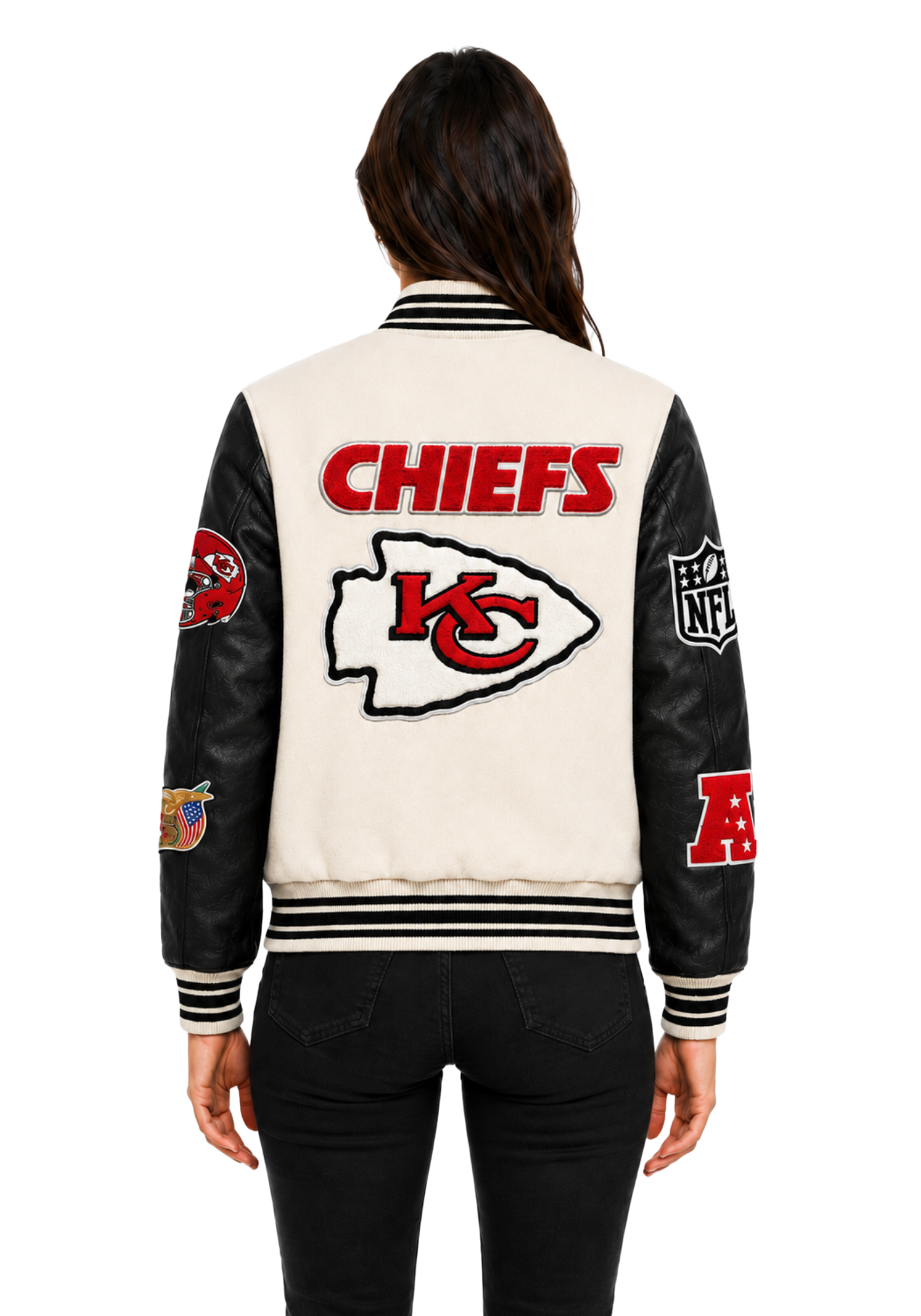 Cream and black Chiefs inspired letterman jacket with striped trim, red patches, front arrowhead emblem, and large back team graphic