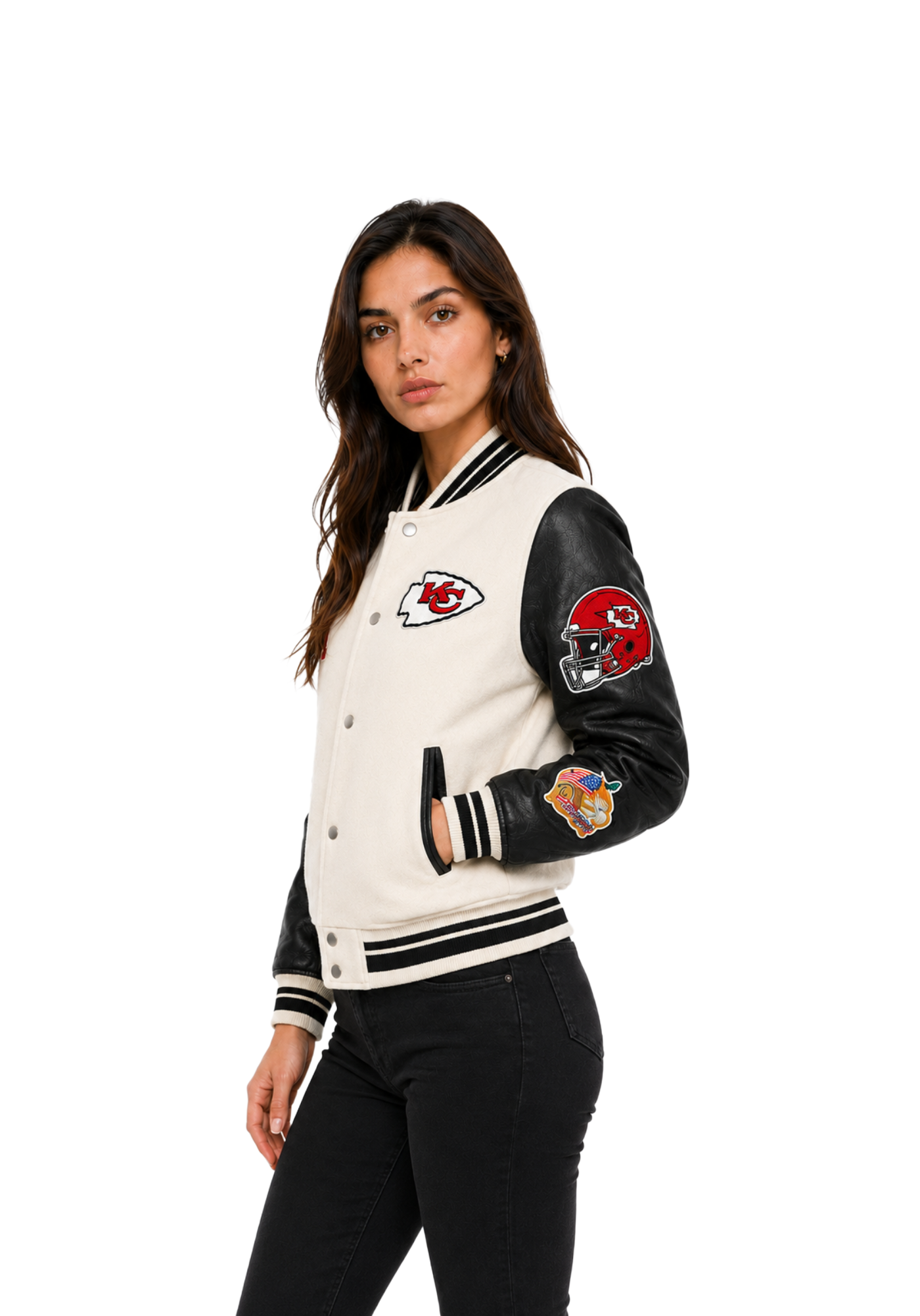 Cream and black Chiefs inspired letterman jacket with striped trim, red patches, front arrowhead emblem, and large back team graphic