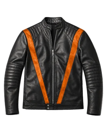 Black and orange leather-style jacket with quilted sleeves, stand collar, front zipper, and pink-orange striped rear graphic inspired by The Weeknd