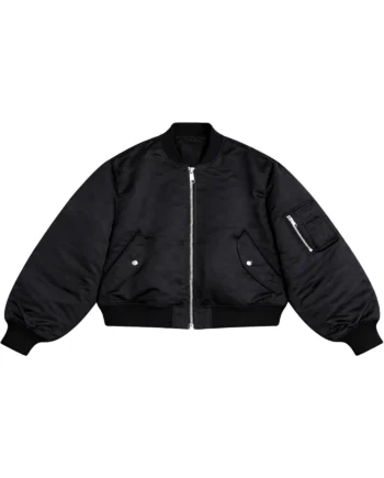 Black The Weeknd inspired bomber jacket with ribbed collar and cuffs, front zipper, angled flap pockets, and sleeve utility pocket