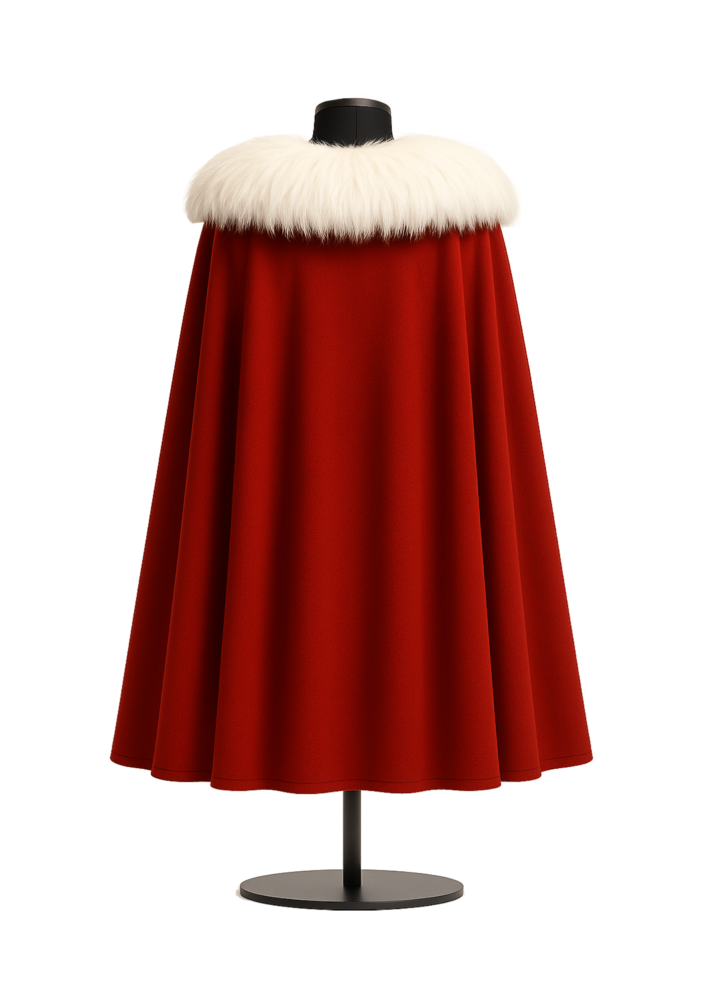 Long red Thragg-inspired cape with a broad white fur collar, black neck band, flowing panels, and full-length draped shape