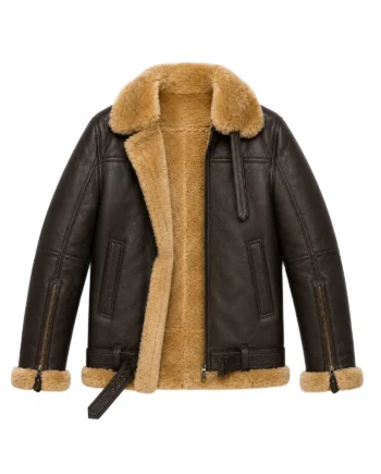 Dark brown B3 bomber jacket with tan shearling-style collar, trimmed cuffs, belted hem, front pockets, and structured back panels inspired by Dunkirk.