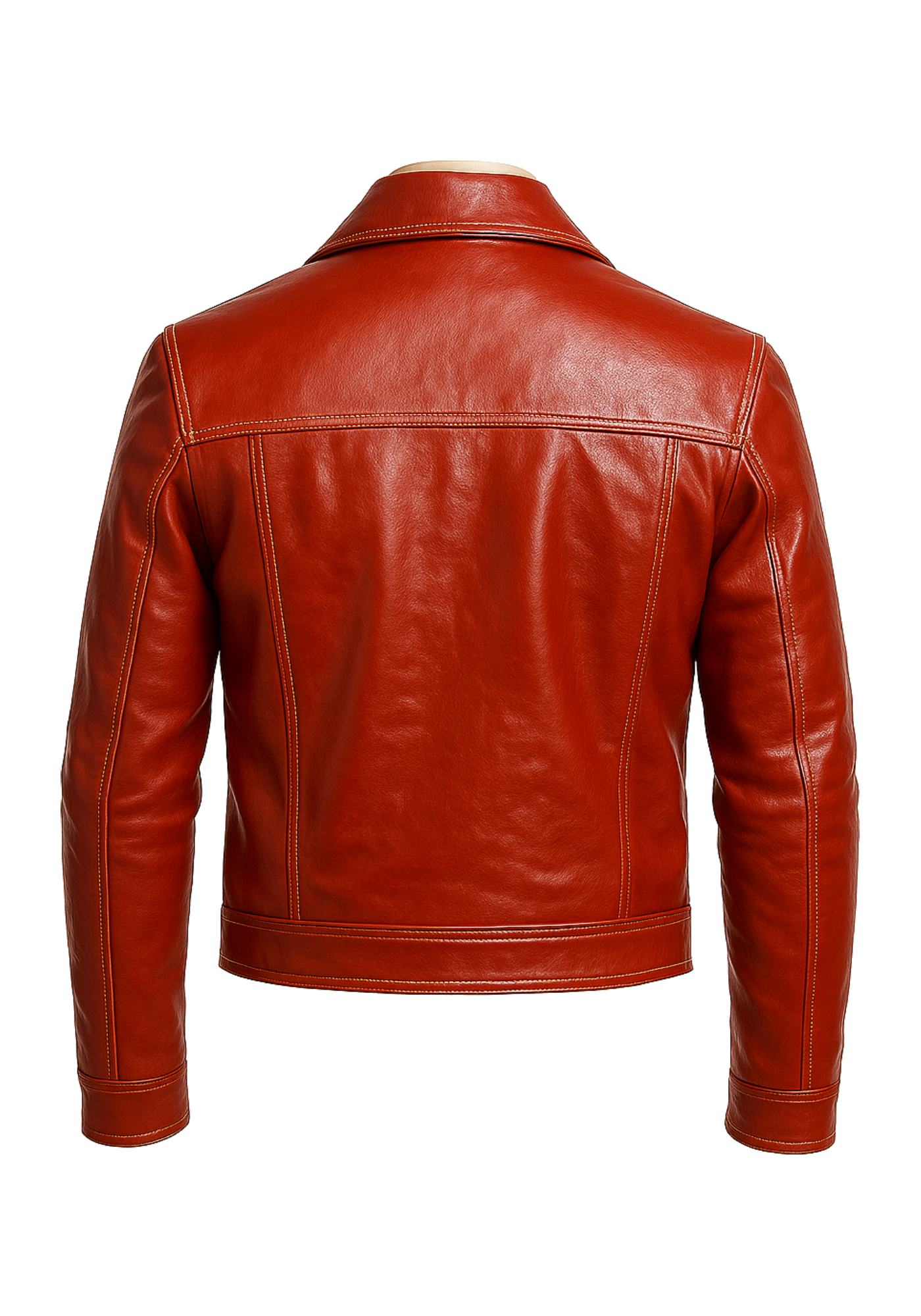 Red Tyler Durden inspired leather-style jacket with lapel collar, contrast stitching, long sleeves, button details, and structured panel seams