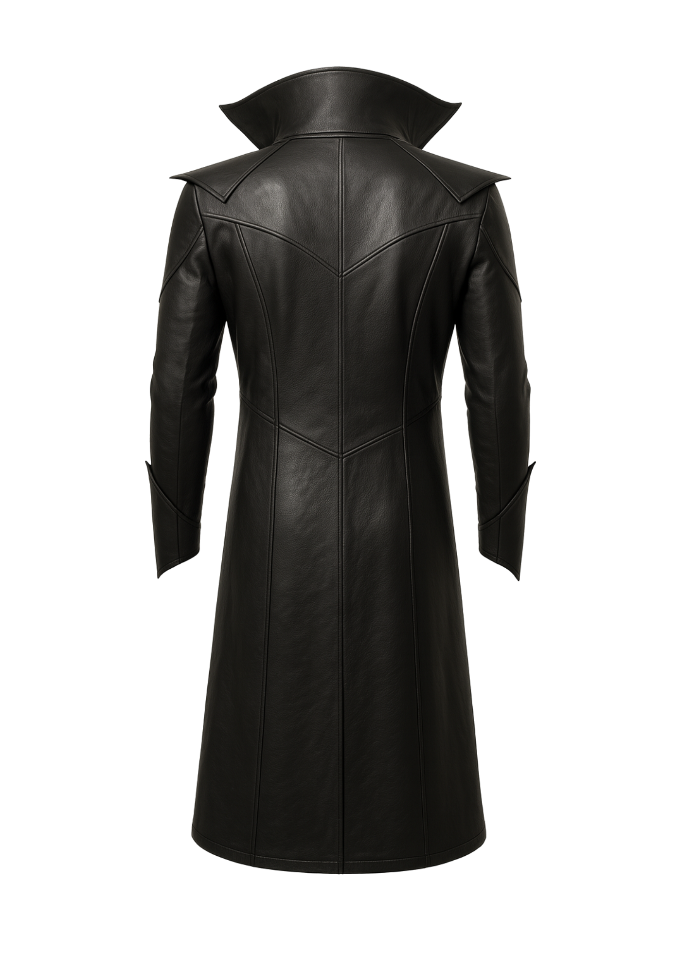 Black vampire gothic long coat with raised collar, wide lapels, long sleeves, angular panels, and an extended open front