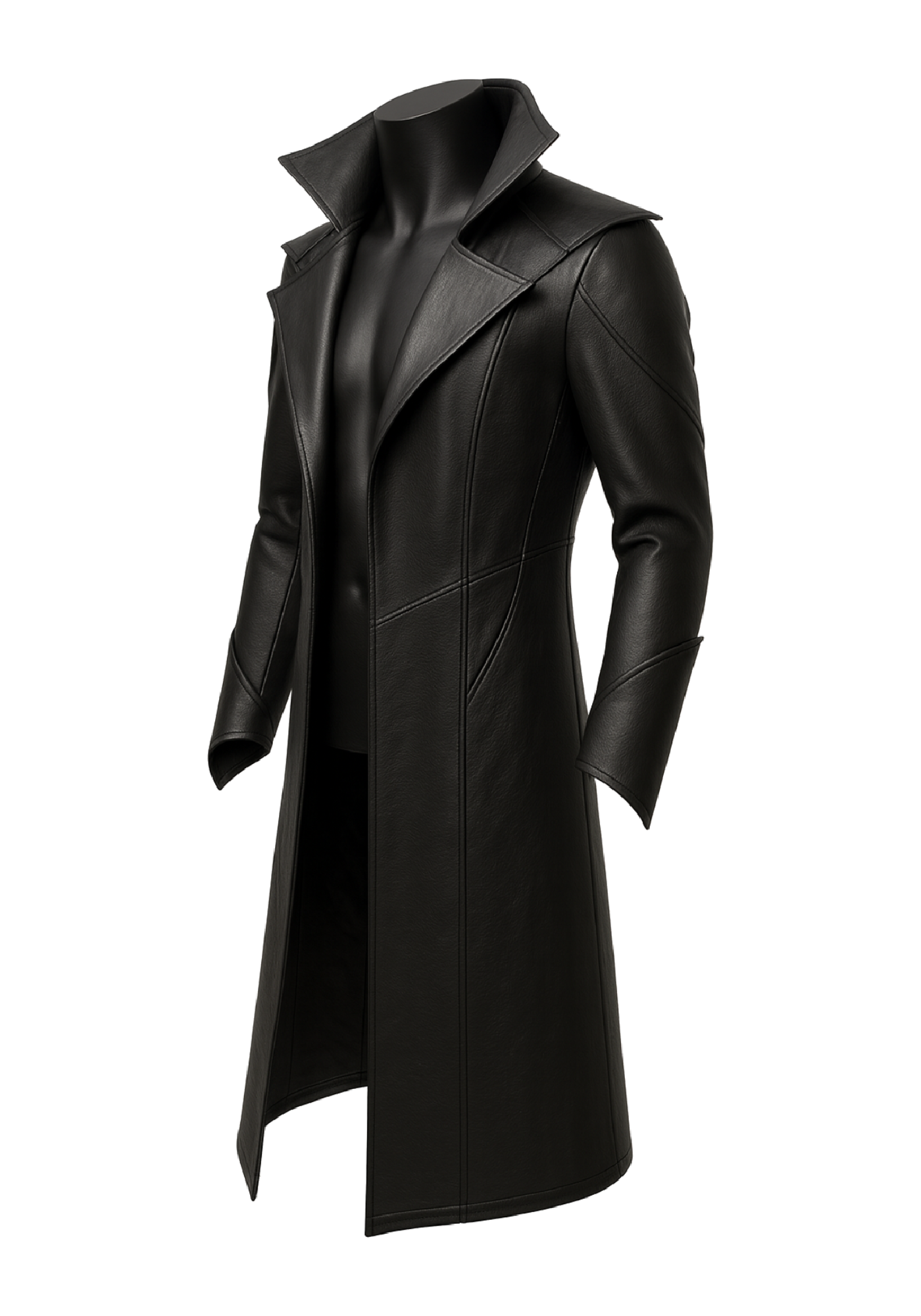 Black vampire gothic long coat with raised collar, wide lapels, long sleeves, angular panels, and an extended open front