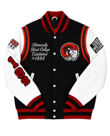 Black and white Winston-Salem State HBCU varsity jacket with white sleeves, striped trim, bold lettering, sleeve patches, and collegiate graphics.